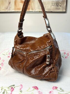 Tylie Malibu Y2K Brown Perforated Patent Leather Suede Lined Shoulder Bag
